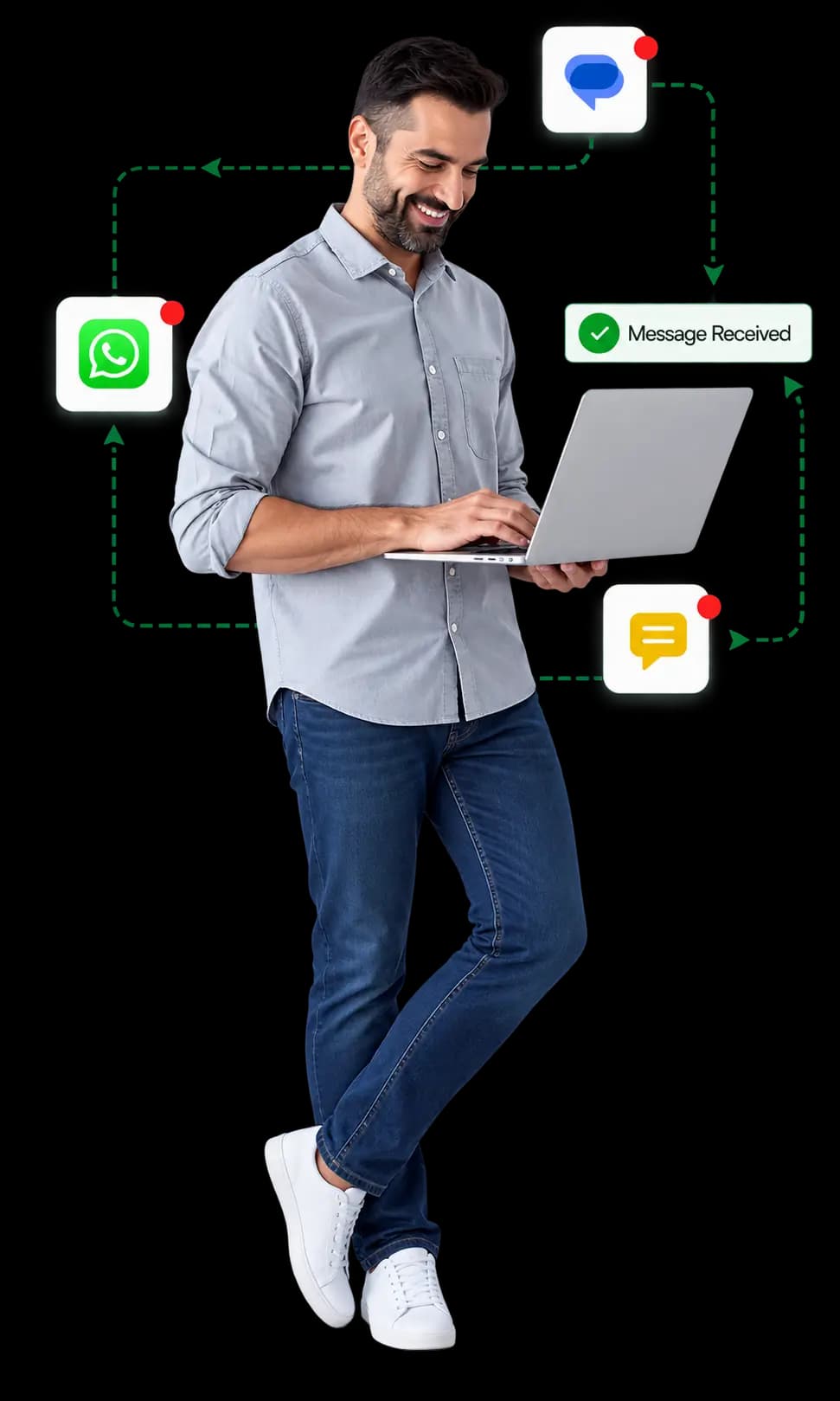 Man using a laptop to send and receive WhatsApp, RCS and SMS messages