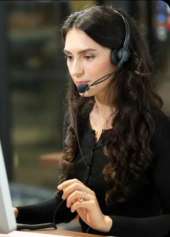 Support agent with a headset handling business calls